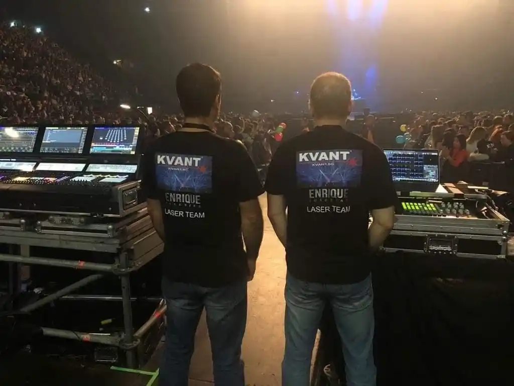 The KVANT team at the FOH desks, a full arena behind them
