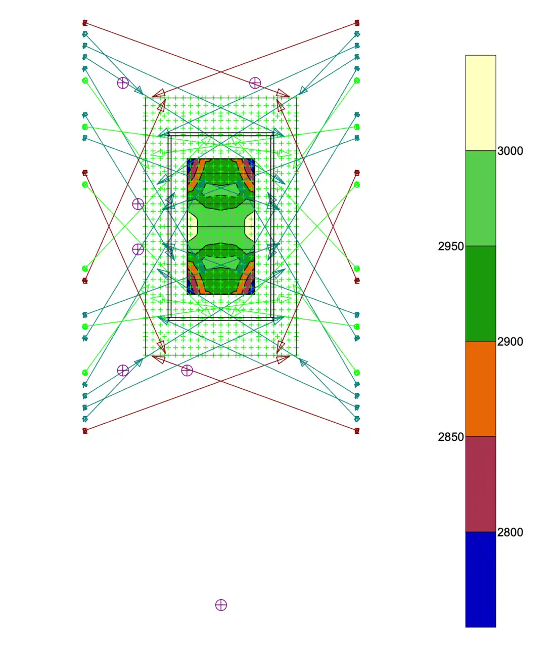 Illuminance map of the court at Arena 8888 from the photometric report: 44 floodlights along the two long sides, zones between 2800 and 3000 lx