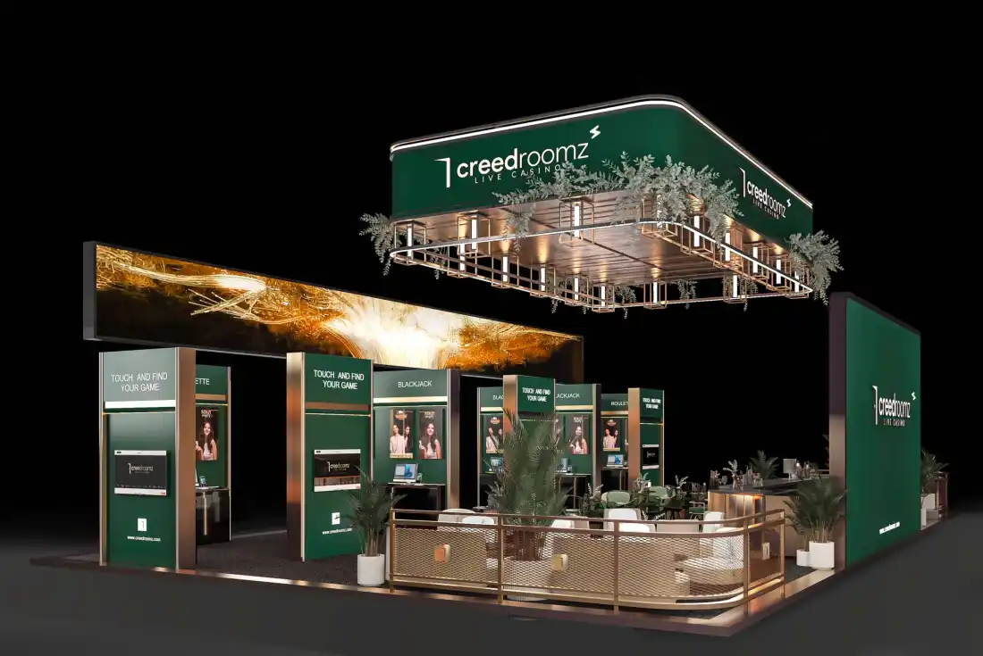 3D visualisation of the Creedroomz stand for ICE with a suspended LED banner and wall screens